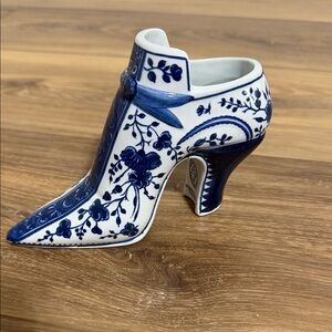 Blue & White Floral Heeled Shoe Accent - Decorative Ceramic